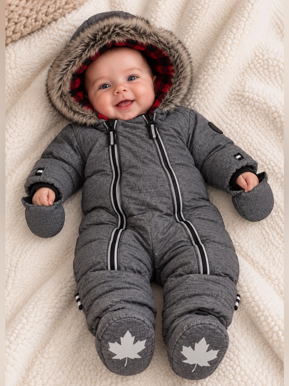 🍁Canadiana Baby Pram Snowsuit 3–6 Months | Grey | Red & Black Plaid Lined | Mitt